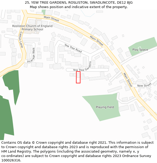 25, YEW TREE GARDENS, ROSLISTON, SWADLINCOTE, DE12 8JG: Location map and indicative extent of plot