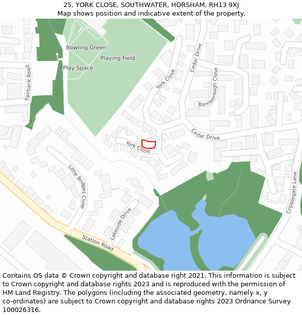 25, YORK CLOSE, SOUTHWATER, HORSHAM, RH13 9XJ: Location map and indicative extent of plot