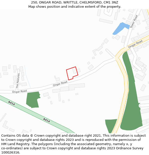 250, ONGAR ROAD, WRITTLE, CHELMSFORD, CM1 3NZ: Location map and indicative extent of plot