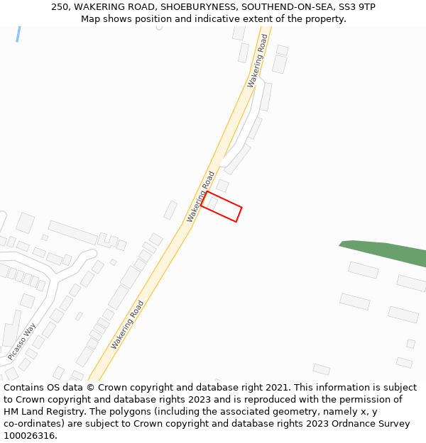 250, WAKERING ROAD, SHOEBURYNESS, SOUTHEND-ON-SEA, SS3 9TP: Location map and indicative extent of plot