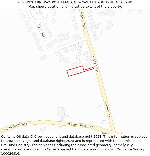 250, WESTERN WAY, PONTELAND, NEWCASTLE UPON TYNE, NE20 9ND: Location map and indicative extent of plot