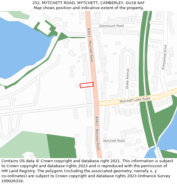 252, MYTCHETT ROAD, MYTCHETT, CAMBERLEY, GU16 6AF: Location map and indicative extent of plot