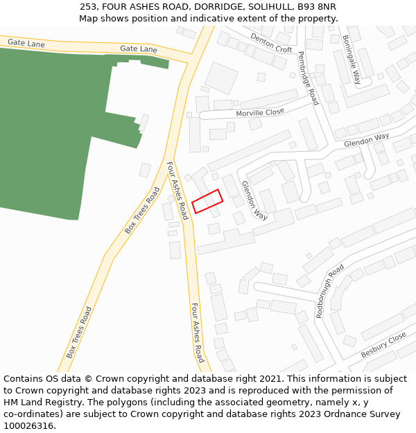 253, FOUR ASHES ROAD, DORRIDGE, SOLIHULL, B93 8NR: Location map and indicative extent of plot