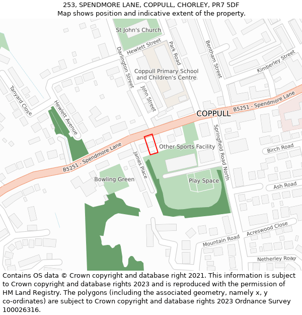 253, SPENDMORE LANE, COPPULL, CHORLEY, PR7 5DF: Location map and indicative extent of plot