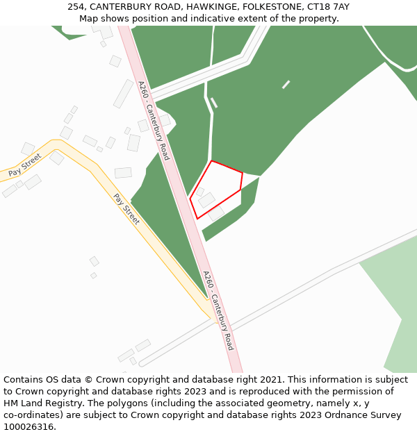 254, CANTERBURY ROAD, HAWKINGE, FOLKESTONE, CT18 7AY: Location map and indicative extent of plot