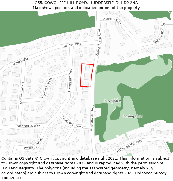255, COWCLIFFE HILL ROAD, HUDDERSFIELD, HD2 2NA: Location map and indicative extent of plot