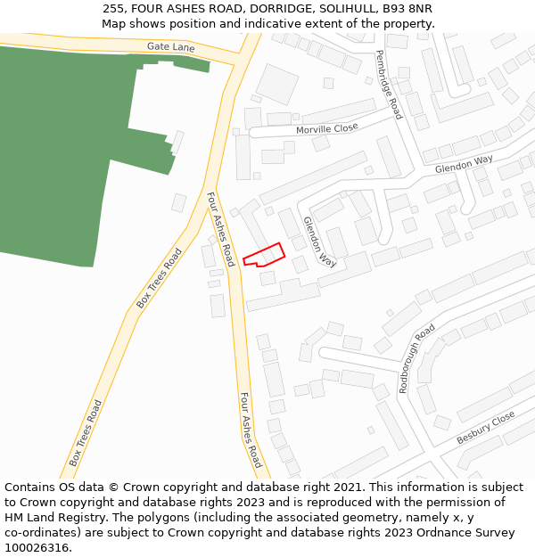 255, FOUR ASHES ROAD, DORRIDGE, SOLIHULL, B93 8NR: Location map and indicative extent of plot