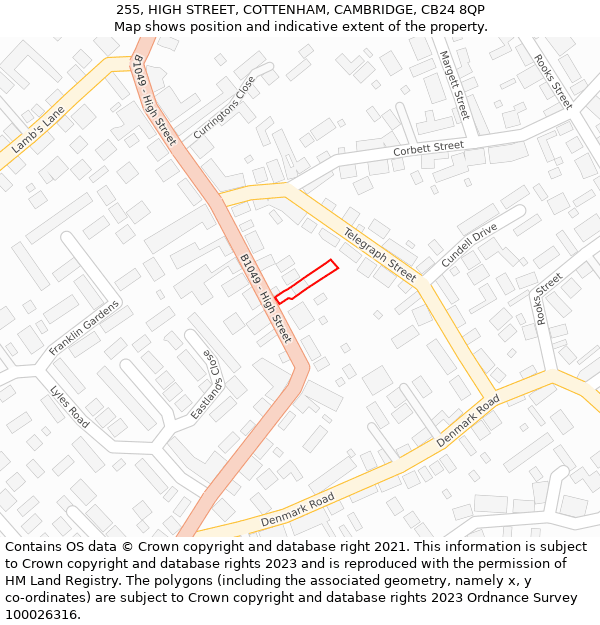 255, HIGH STREET, COTTENHAM, CAMBRIDGE, CB24 8QP: Location map and indicative extent of plot
