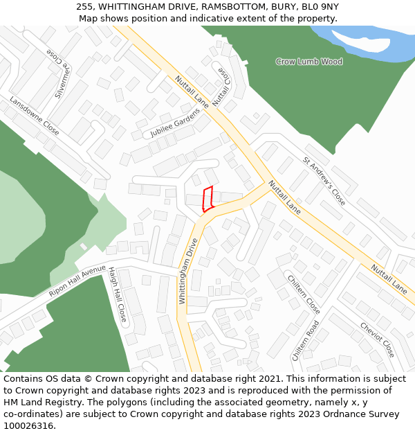 255, WHITTINGHAM DRIVE, RAMSBOTTOM, BURY, BL0 9NY: Location map and indicative extent of plot