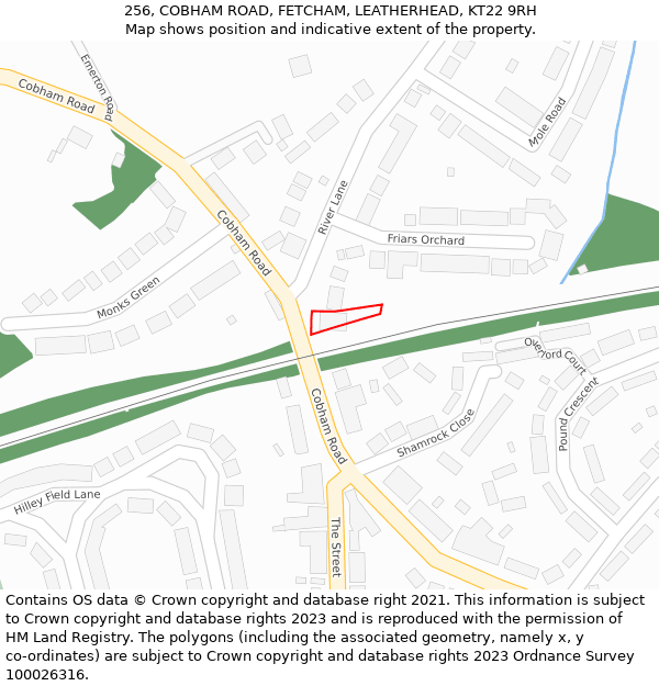 256, COBHAM ROAD, FETCHAM, LEATHERHEAD, KT22 9RH: Location map and indicative extent of plot