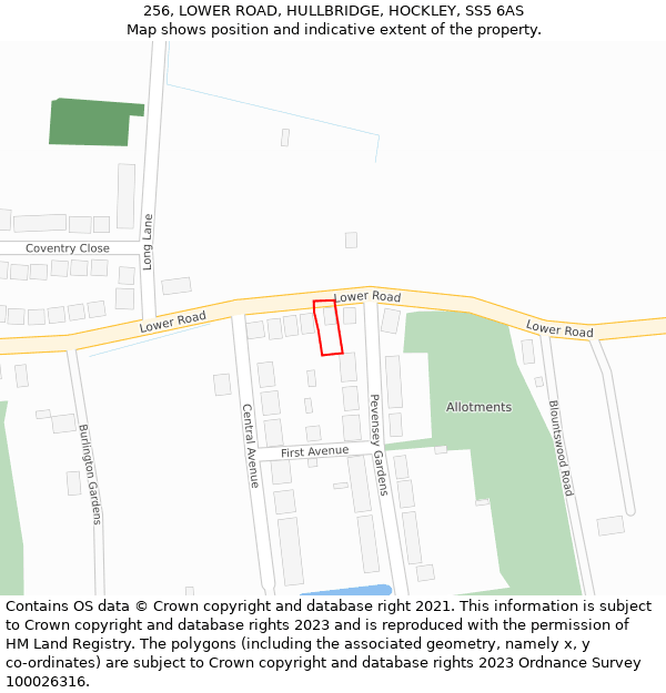 256, LOWER ROAD, HULLBRIDGE, HOCKLEY, SS5 6AS: Location map and indicative extent of plot