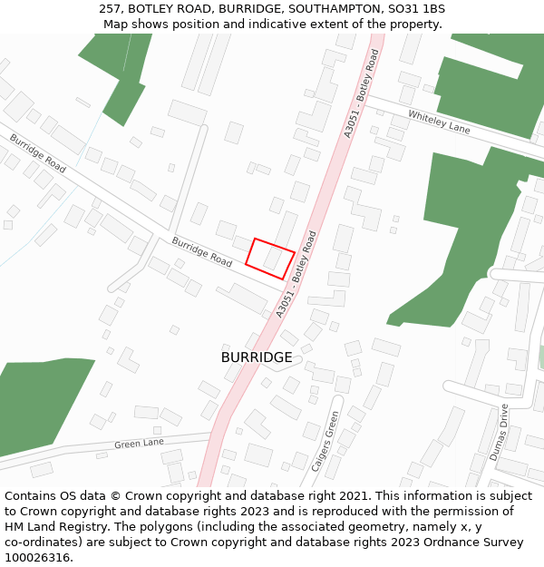 257, BOTLEY ROAD, BURRIDGE, SOUTHAMPTON, SO31 1BS: Location map and indicative extent of plot