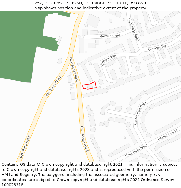 257, FOUR ASHES ROAD, DORRIDGE, SOLIHULL, B93 8NR: Location map and indicative extent of plot