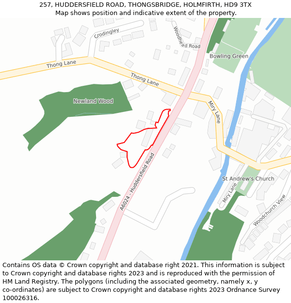 257, HUDDERSFIELD ROAD, THONGSBRIDGE, HOLMFIRTH, HD9 3TX: Location map and indicative extent of plot