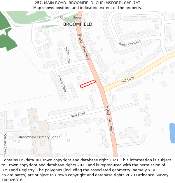 257, MAIN ROAD, BROOMFIELD, CHELMSFORD, CM1 7AT: Location map and indicative extent of plot