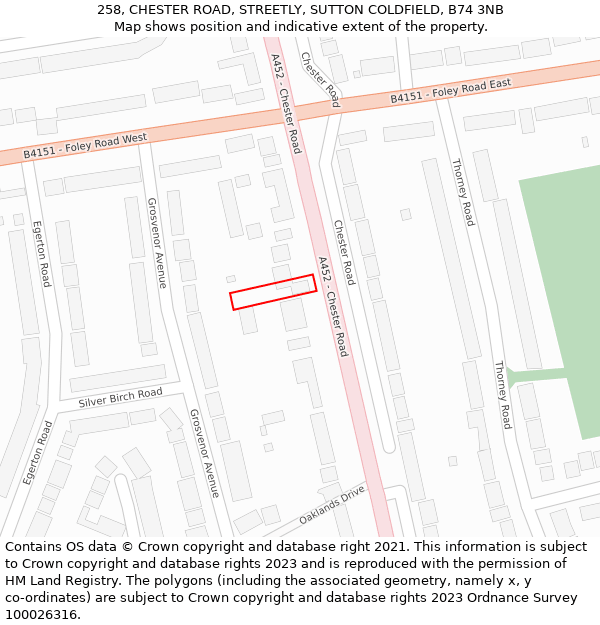 258, CHESTER ROAD, STREETLY, SUTTON COLDFIELD, B74 3NB: Location map and indicative extent of plot
