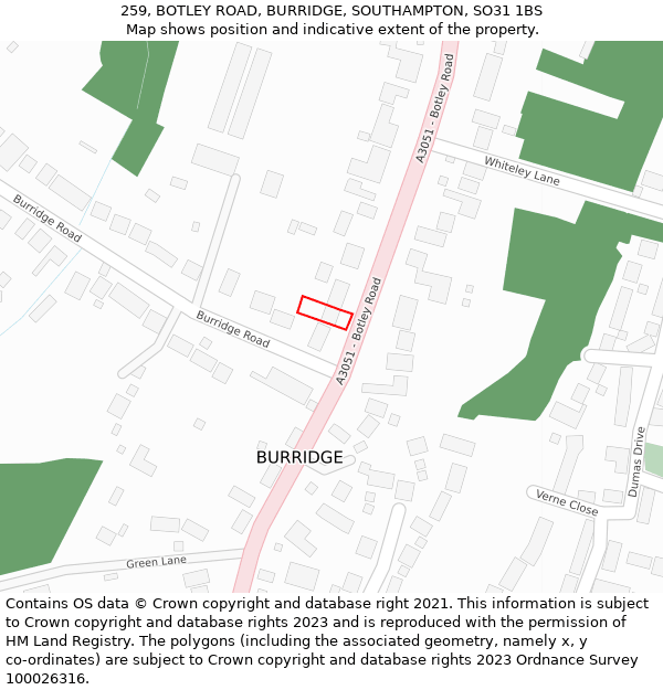 259, BOTLEY ROAD, BURRIDGE, SOUTHAMPTON, SO31 1BS: Location map and indicative extent of plot