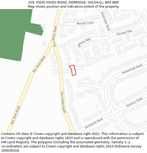 259, FOUR ASHES ROAD, DORRIDGE, SOLIHULL, B93 8NR: Location map and indicative extent of plot