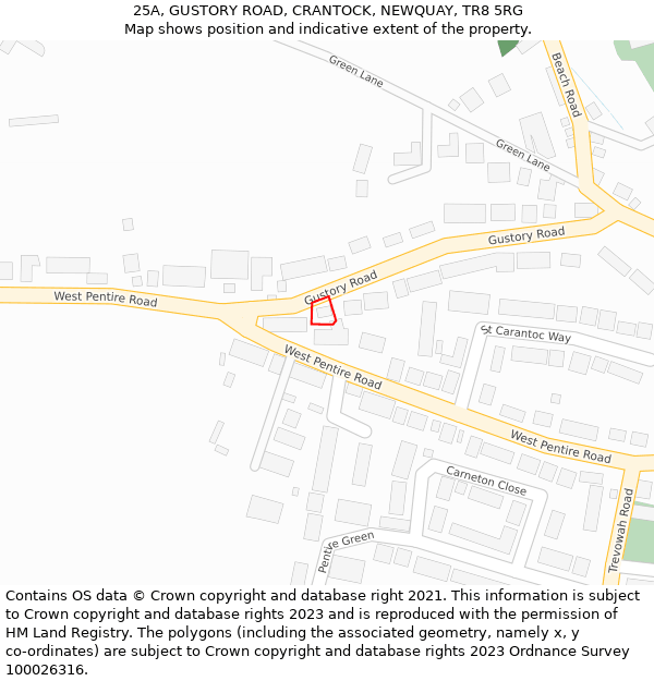 25A, GUSTORY ROAD, CRANTOCK, NEWQUAY, TR8 5RG: Location map and indicative extent of plot