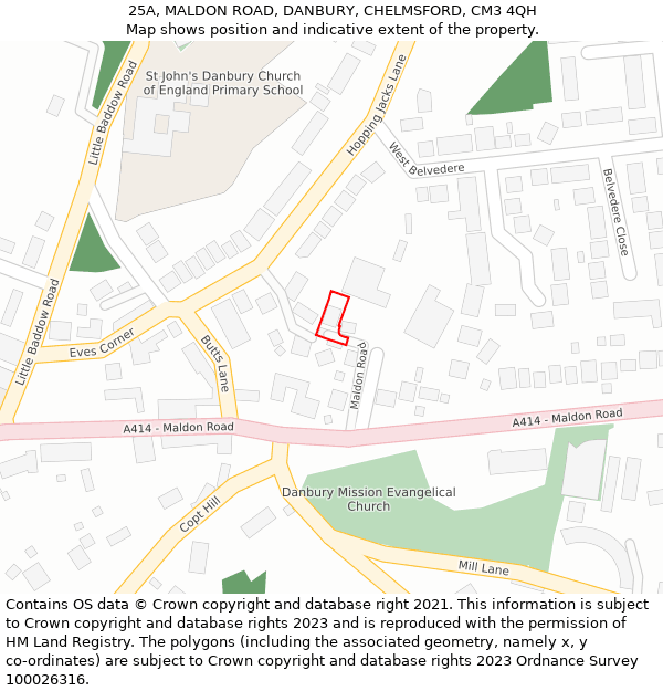 25A, MALDON ROAD, DANBURY, CHELMSFORD, CM3 4QH: Location map and indicative extent of plot