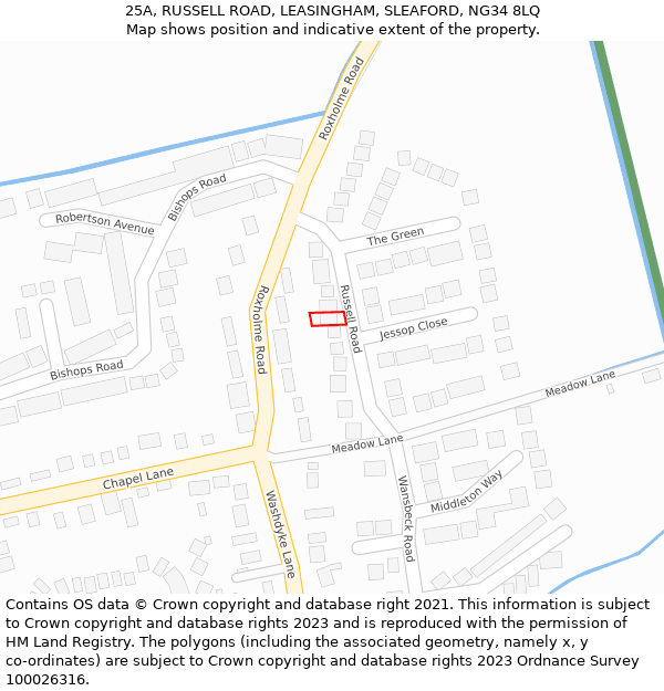 25A, RUSSELL ROAD, LEASINGHAM, SLEAFORD, NG34 8LQ: Location map and indicative extent of plot