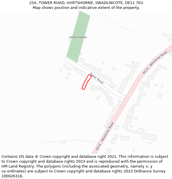 25A, TOWER ROAD, HARTSHORNE, SWADLINCOTE, DE11 7EU: Location map and indicative extent of plot