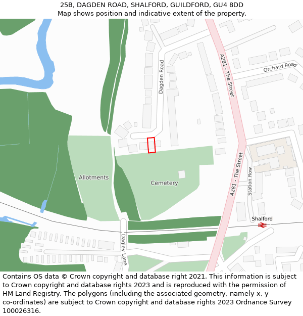 25B, DAGDEN ROAD, SHALFORD, GUILDFORD, GU4 8DD: Location map and indicative extent of plot