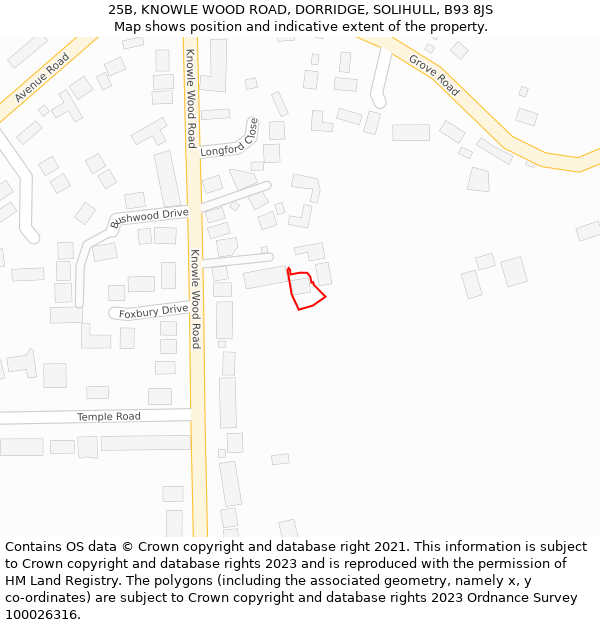 25B, KNOWLE WOOD ROAD, DORRIDGE, SOLIHULL, B93 8JS: Location map and indicative extent of plot