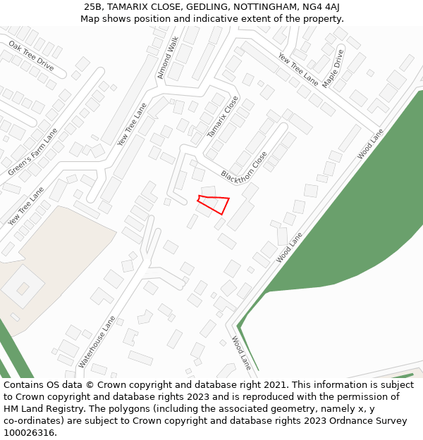 25B, TAMARIX CLOSE, GEDLING, NOTTINGHAM, NG4 4AJ: Location map and indicative extent of plot