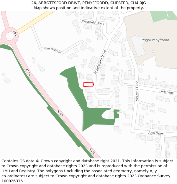 26, ABBOTTSFORD DRIVE, PENYFFORDD, CHESTER, CH4 0JG: Location map and indicative extent of plot