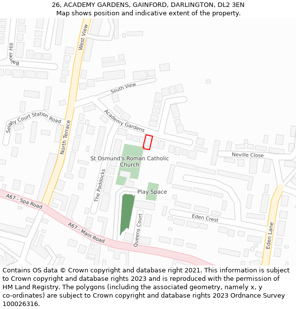 26, ACADEMY GARDENS, GAINFORD, DARLINGTON, DL2 3EN: Location map and indicative extent of plot