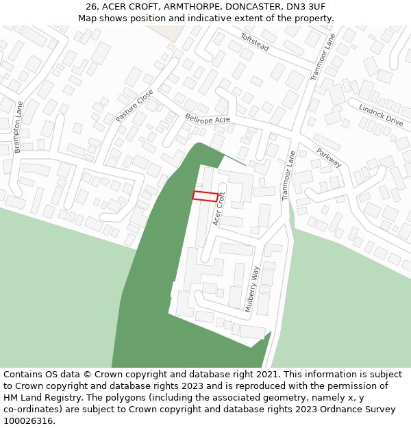 26, ACER CROFT, ARMTHORPE, DONCASTER, DN3 3UF: Location map and indicative extent of plot