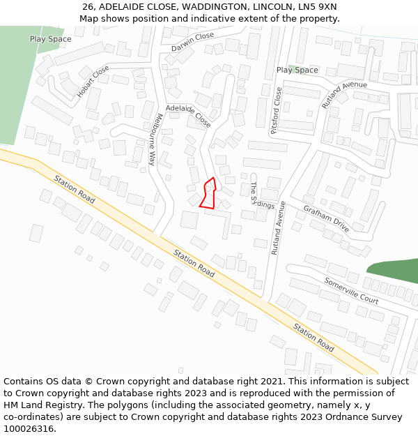 26, ADELAIDE CLOSE, WADDINGTON, LINCOLN, LN5 9XN: Location map and indicative extent of plot