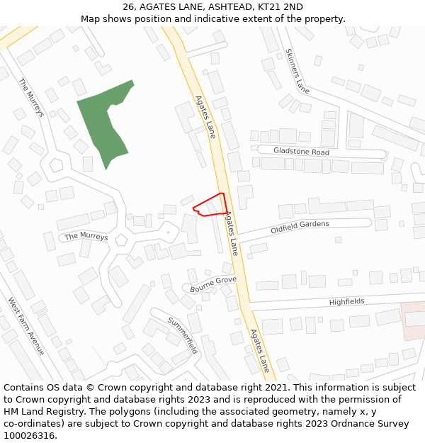 26, AGATES LANE, ASHTEAD, KT21 2ND: Location map and indicative extent of plot