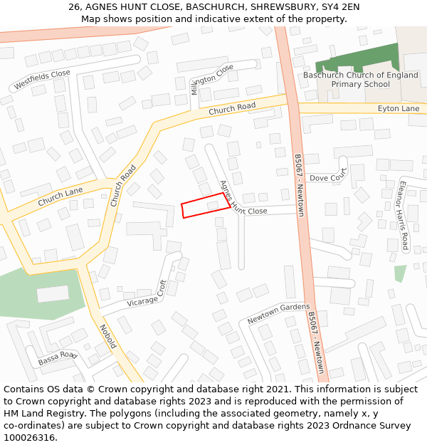 26, AGNES HUNT CLOSE, BASCHURCH, SHREWSBURY, SY4 2EN: Location map and indicative extent of plot