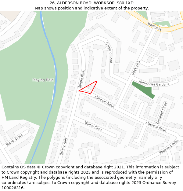26, ALDERSON ROAD, WORKSOP, S80 1XD: Location map and indicative extent of plot