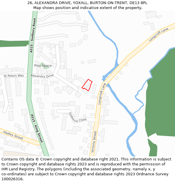 26, ALEXANDRA DRIVE, YOXALL, BURTON-ON-TRENT, DE13 8PL: Location map and indicative extent of plot