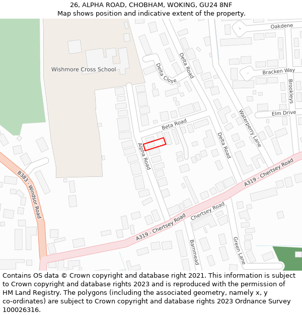 26, ALPHA ROAD, CHOBHAM, WOKING, GU24 8NF: Location map and indicative extent of plot