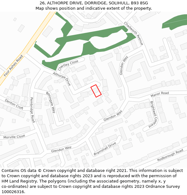 26, ALTHORPE DRIVE, DORRIDGE, SOLIHULL, B93 8SG: Location map and indicative extent of plot