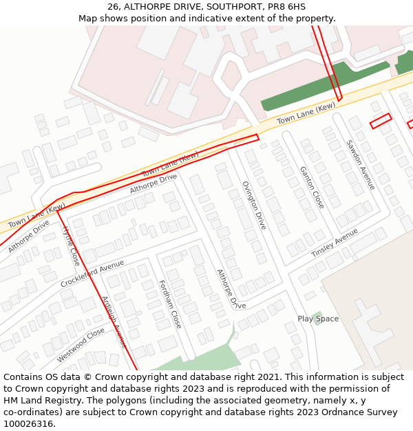 26, ALTHORPE DRIVE, SOUTHPORT, PR8 6HS: Location map and indicative extent of plot