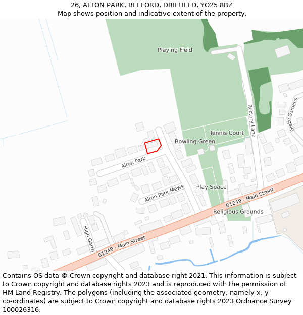 26, ALTON PARK, BEEFORD, DRIFFIELD, YO25 8BZ: Location map and indicative extent of plot