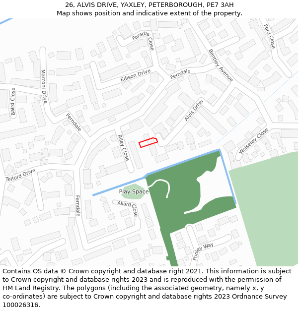 26, ALVIS DRIVE, YAXLEY, PETERBOROUGH, PE7 3AH: Location map and indicative extent of plot