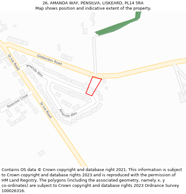 26, AMANDA WAY, PENSILVA, LISKEARD, PL14 5RA: Location map and indicative extent of plot