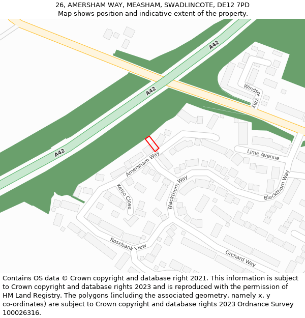 26, AMERSHAM WAY, MEASHAM, SWADLINCOTE, DE12 7PD: Location map and indicative extent of plot