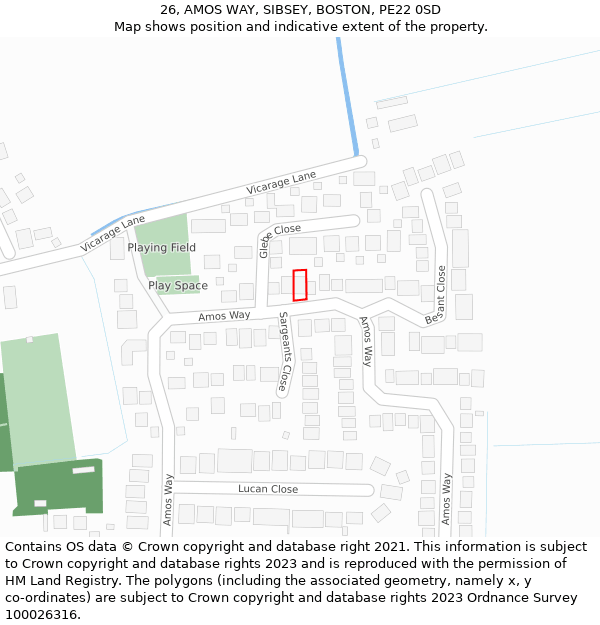 26, AMOS WAY, SIBSEY, BOSTON, PE22 0SD: Location map and indicative extent of plot