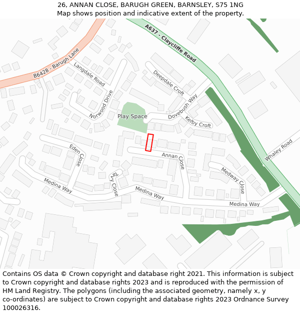 26, ANNAN CLOSE, BARUGH GREEN, BARNSLEY, S75 1NG: Location map and indicative extent of plot