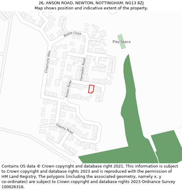 26, ANSON ROAD, NEWTON, NOTTINGHAM, NG13 8ZJ: Location map and indicative extent of plot