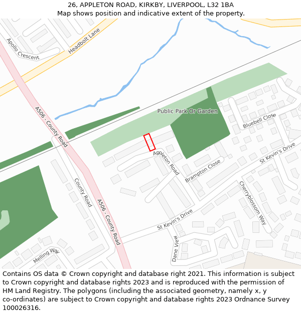 26, APPLETON ROAD, KIRKBY, LIVERPOOL, L32 1BA: Location map and indicative extent of plot