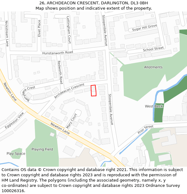 26, ARCHDEACON CRESCENT, DARLINGTON, DL3 0BH: Location map and indicative extent of plot