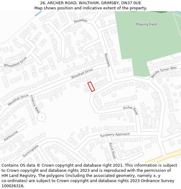 26, ARCHER ROAD, WALTHAM, GRIMSBY, DN37 0UE: Location map and indicative extent of plot